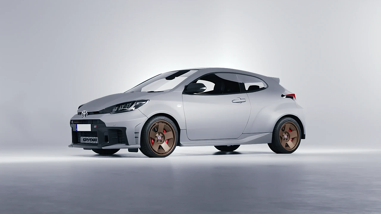 Toyota GR Yaris 2024 on HRE Performance Wheels 555-GTM forged wheels, front three-quarter view