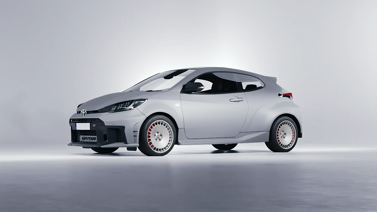 Toyota GR Yaris 2024 on HRE Performance Wheels 935M forged wheels, front three-quarter view