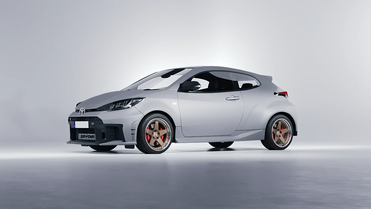 Toyota GR Yaris 2024 on HRE Performance Wheels C105 forged wheels, front three-quarter view