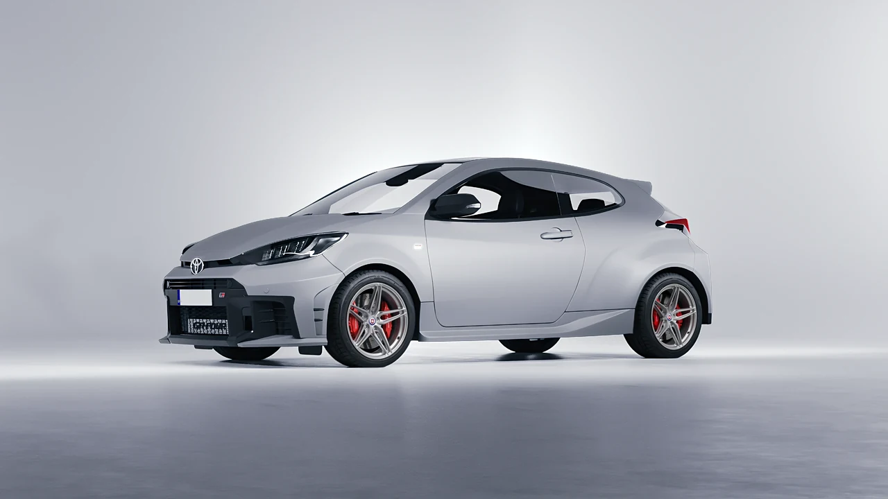 Toyota GR Yaris 2024 on HRE Performance Wheels P107SC forged wheels, front three-quarter view