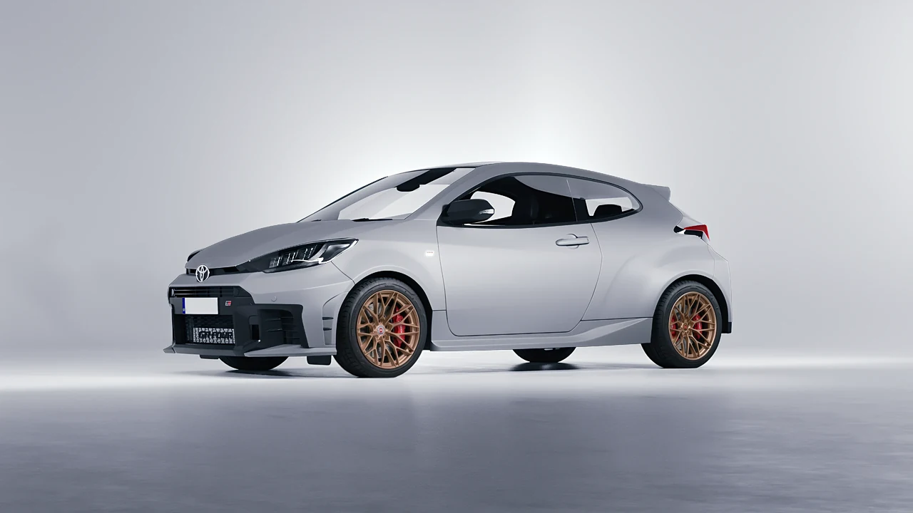 Toyota GR Yaris 2024 on HRE Performance Wheels S200H forged wheels, front three-quarter view