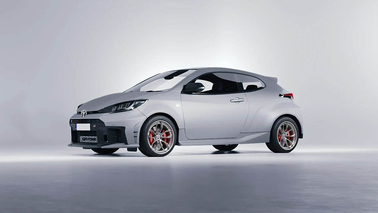 Toyota GR Yaris 2024 on HRE Performance Wheels S201 forged wheels, front three-quarter view