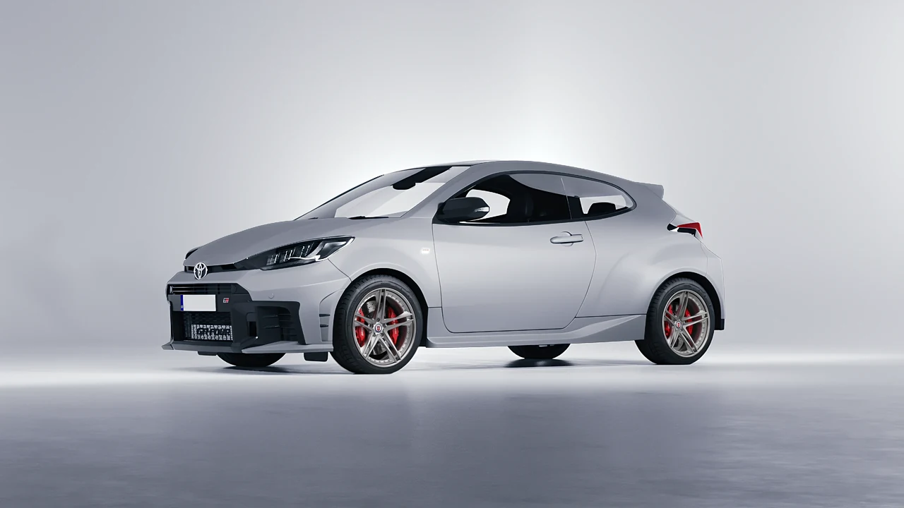 Toyota GR Yaris 2024 on HRE Performance Wheels S207 forged wheels, front three-quarter view