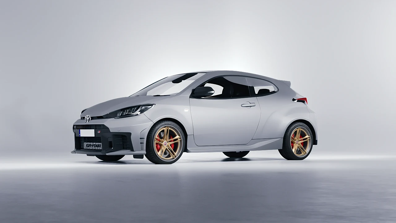 Toyota GR Yaris 2024 on HRE Performance Wheels S207H forged wheels, front three-quarter view