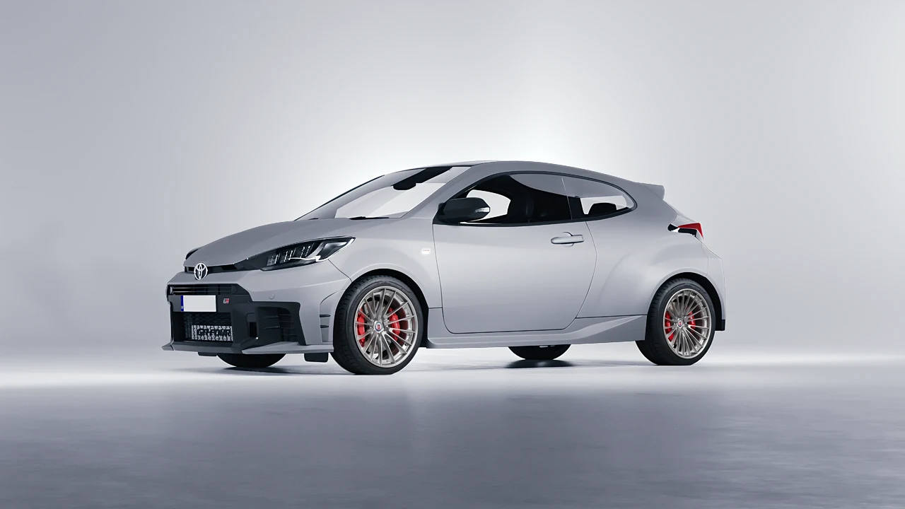 Toyota GR Yaris 2024 on HRE Performance Wheels S209 forged wheels, front three-quarter view