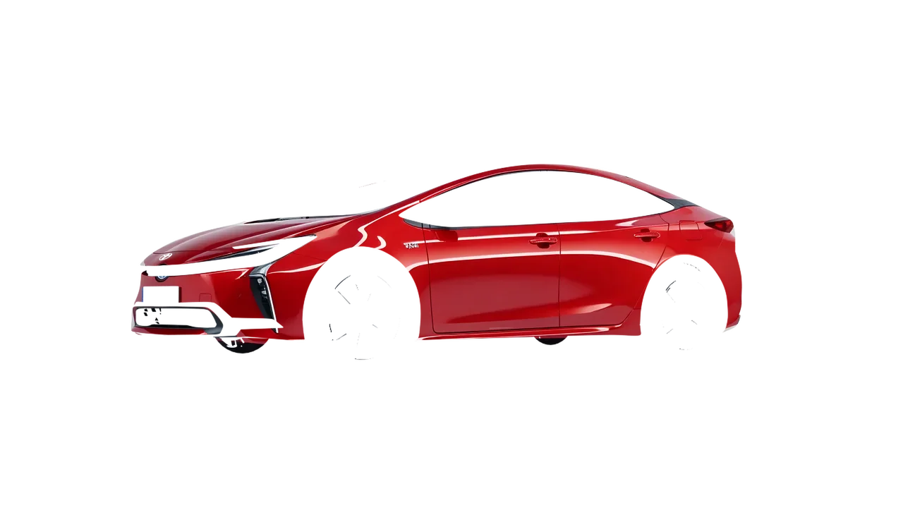 Toyota Prius 2023 wrapped in Hot Rod Red (3M G13), front three-quarter view
