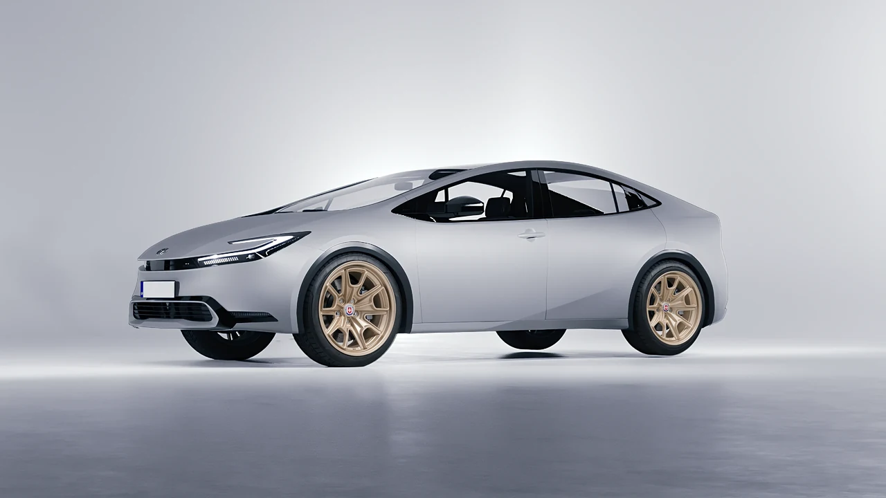 Toyota Prius 2023 on HRE Performance Wheels 427M forged wheels, front three-quarter view