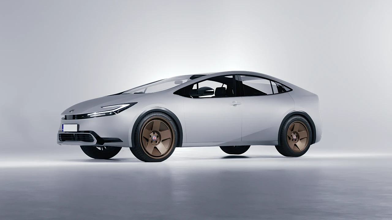 Toyota Prius 2023 on HRE Performance Wheels 555-GTM forged wheels, front three-quarter view