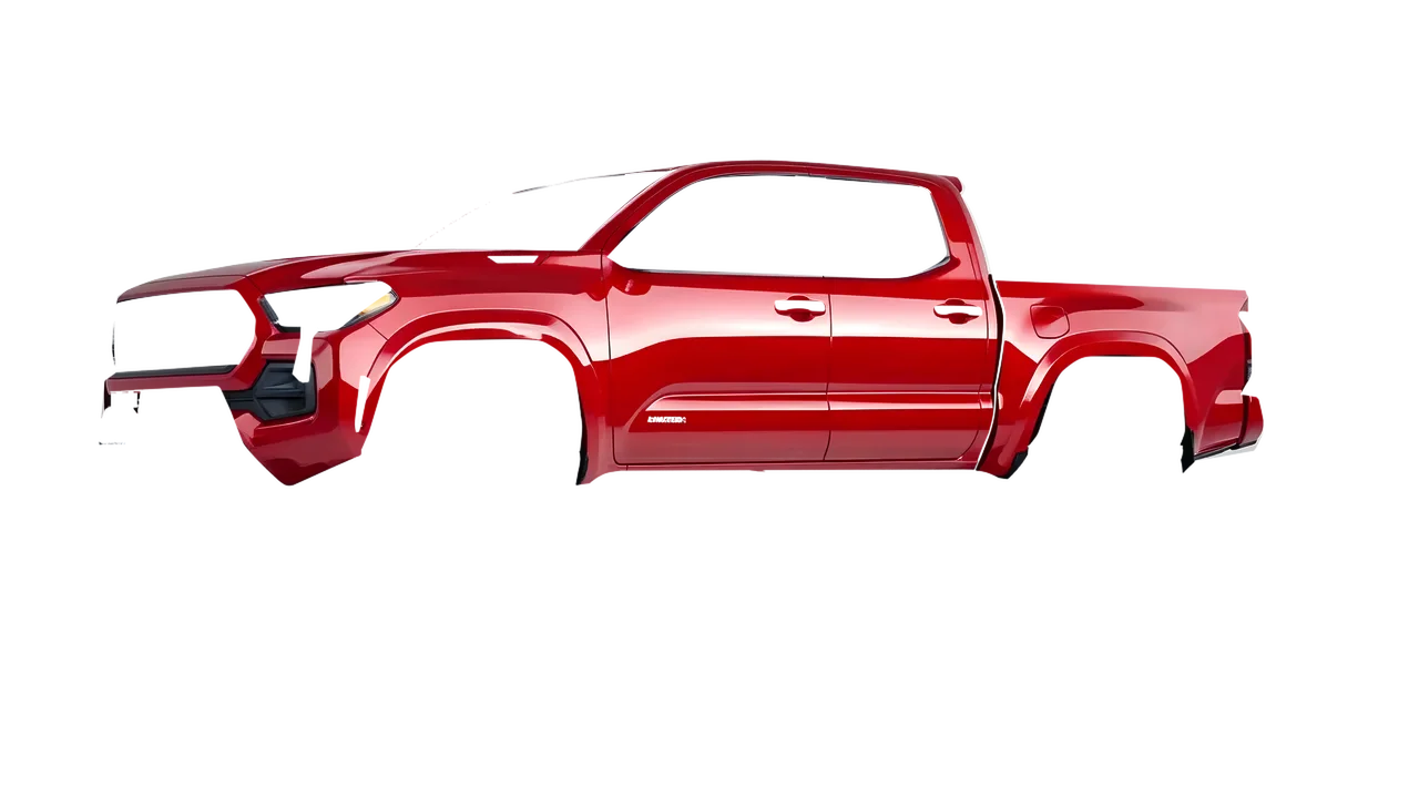Toyota Tacoma 2024 wrapped in Hot Rod Red (3M G13), front three-quarter view