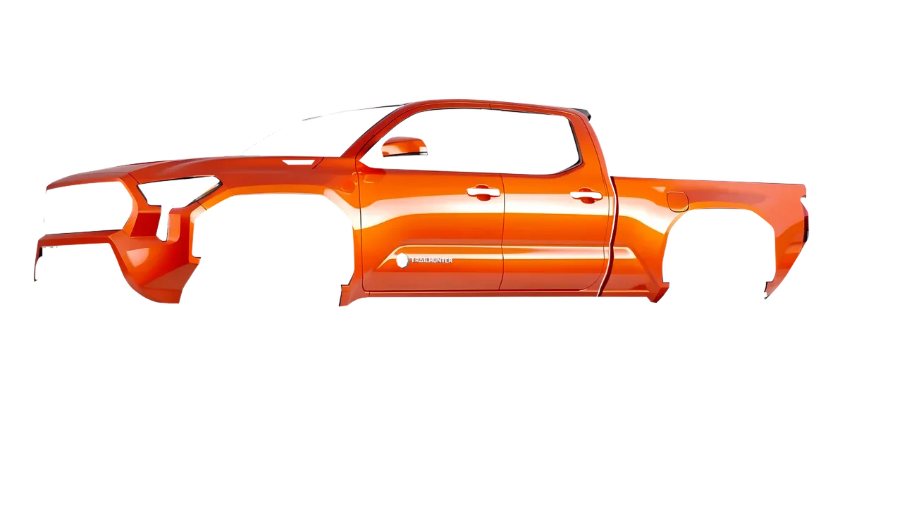 Toyota Tacoma Trailhunter 2024 wrapped in Fiery Orange (3M G364), front three-quarter view