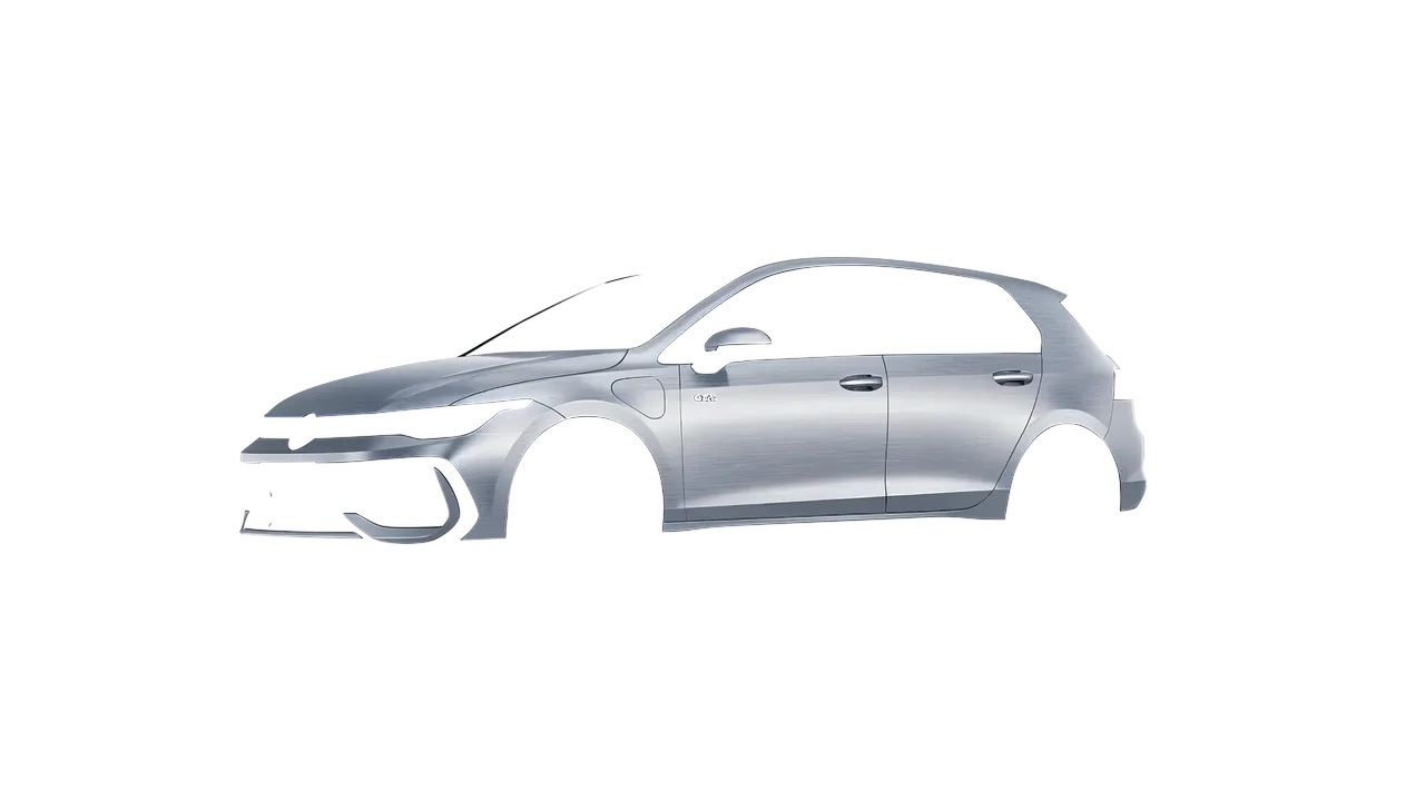 Volkswagen Golf GTE 2024 wrapped in Brushed Aluminum (Avery Dennison SW900-812-X), front three-quarter view