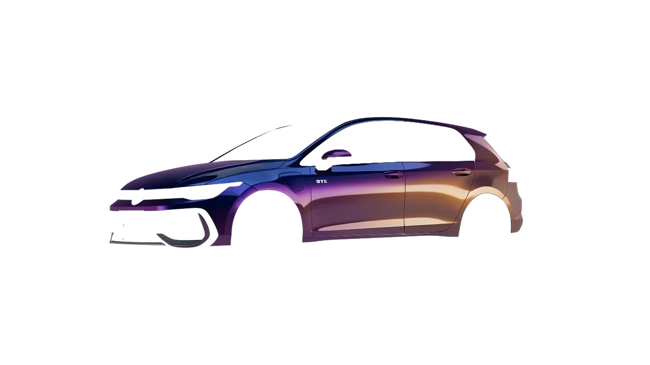 Volkswagen Golf GTE 2024 wrapped in Gloss Flip Deep Space (3M GP278), front three-quarter view