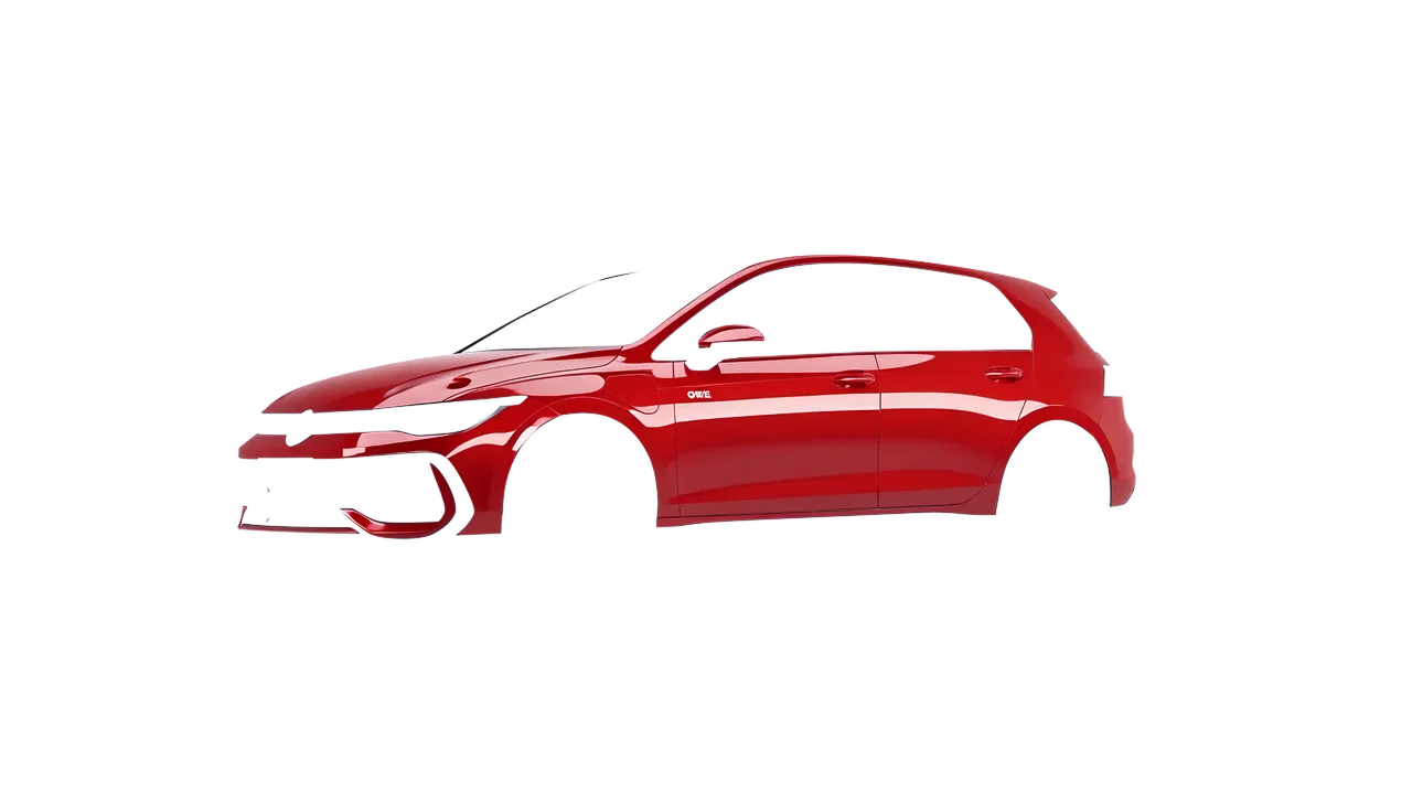 Volkswagen Golf GTE 2024 wrapped in Hot Rod Red (3M G13), front three-quarter view