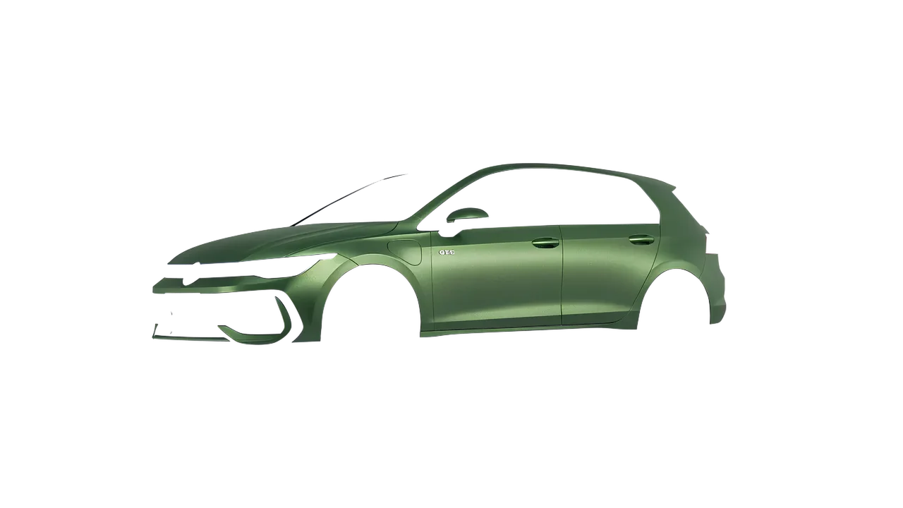 Volkswagen Golf GTE 2024 wrapped in Apple Green (Avery Dennison SW900-745-M), front three-quarter view