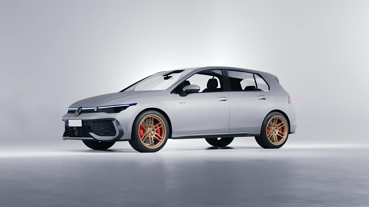 Volkswagen Golf GTE 2024 on HRE Performance Wheels 312-GTS forged wheels, front three-quarter view