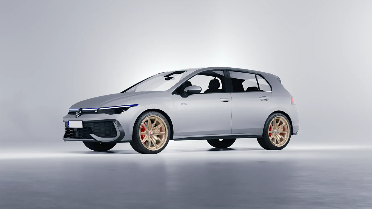 Volkswagen Golf GTE 2024 on HRE Performance Wheels 427M forged wheels, front three-quarter view