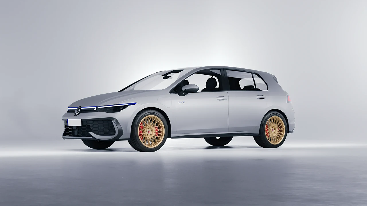 Volkswagen Golf GTE 2024 on HRE Performance Wheels 501M forged wheels, front three-quarter view