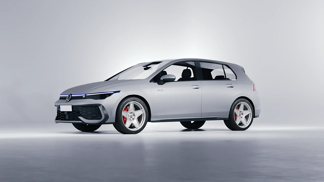 Volkswagen Golf GTE 2024 on HRE Performance Wheels 505M forged wheels, front three-quarter view