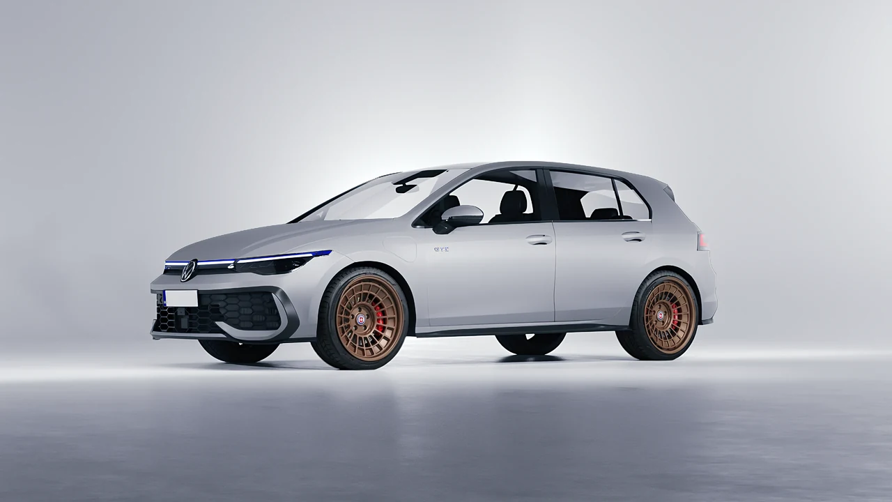 Volkswagen Golf GTE 2024 on HRE Performance Wheels 515-GTM forged wheels, front three-quarter view