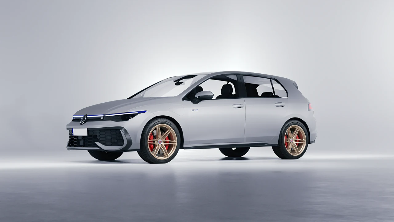 Volkswagen Golf GTE 2024 on HRE Performance Wheels P106 forged wheels, front three-quarter view