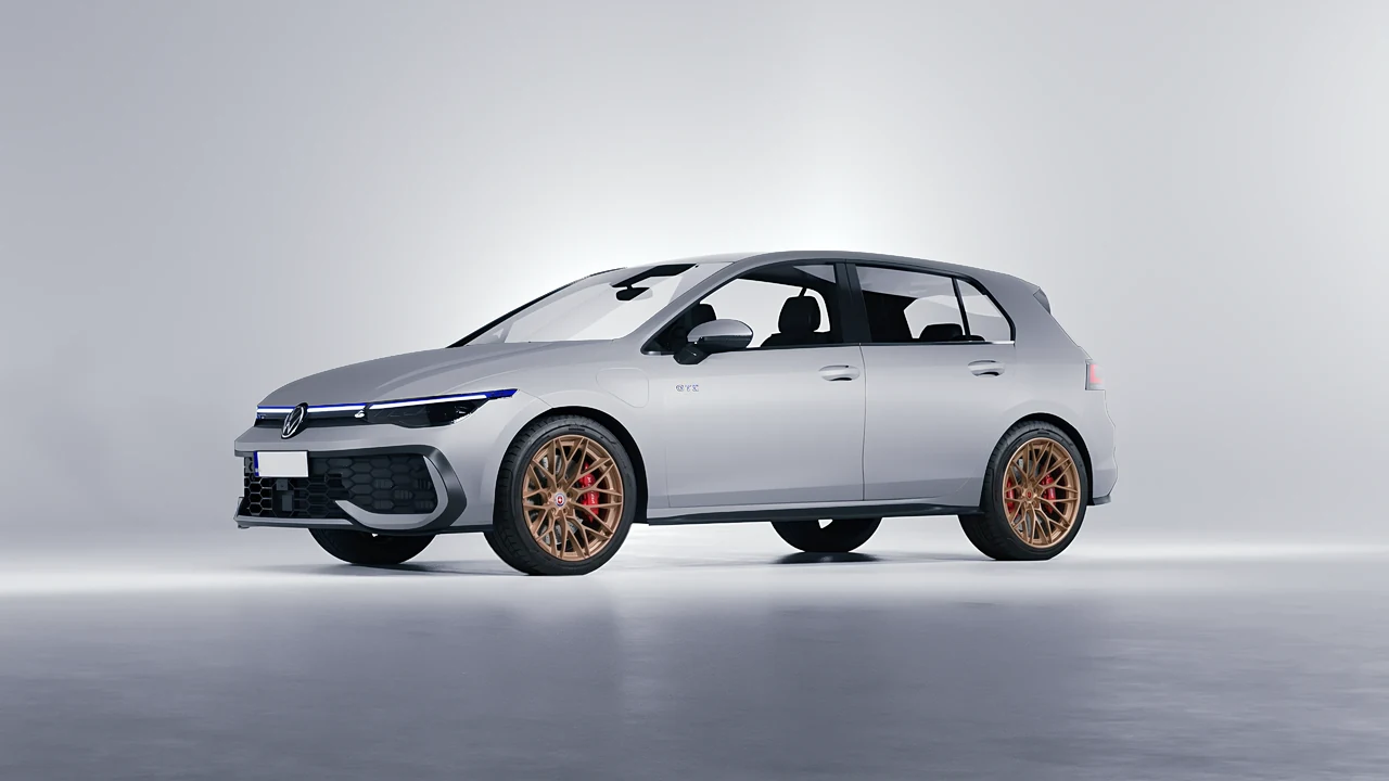Volkswagen Golf GTE 2024 on HRE Performance Wheels S200H forged wheels, front three-quarter view