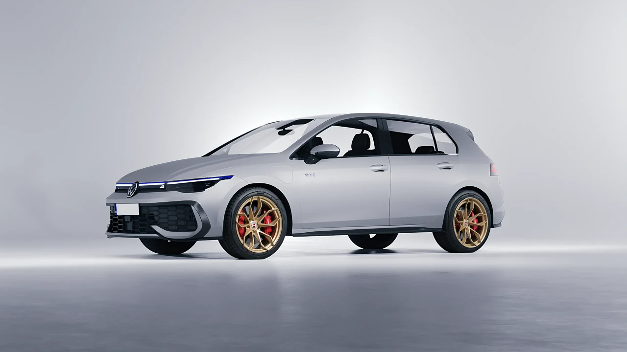Volkswagen Golf GTE 2024 on HRE Performance Wheels S201H forged wheels, front three-quarter view