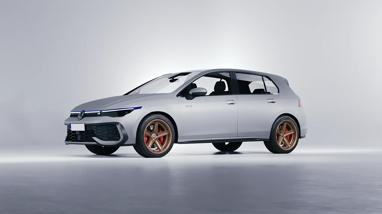 Volkswagen Golf GTE 2024 on HRE Performance Wheels Tusk forged wheels, front three-quarter view