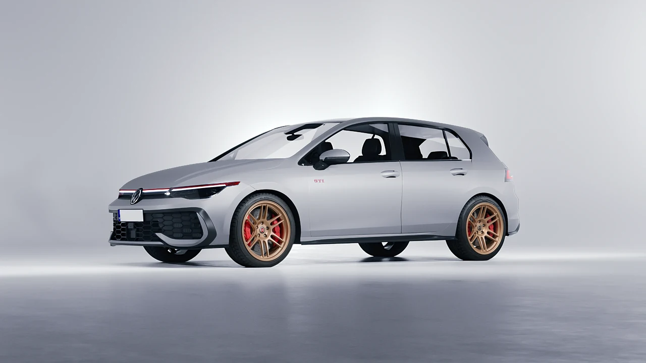 Volkswagen Golf GTI 2024 on HRE Performance Wheels 312-GTS forged wheels, front three-quarter view
