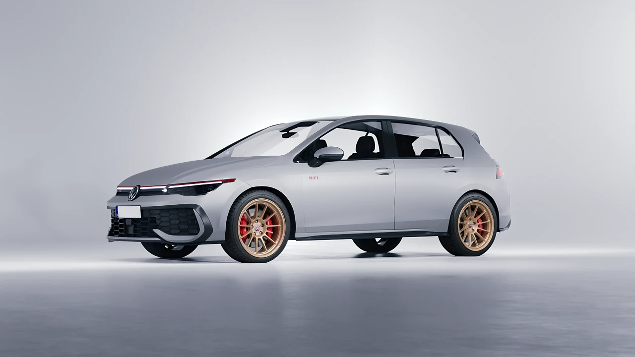Volkswagen Golf GTI 2024 on HRE Performance Wheels 313-GTS forged wheels, front three-quarter view