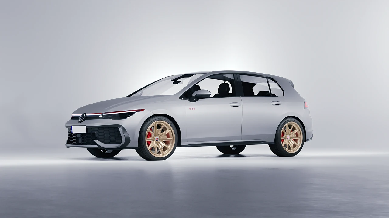 Volkswagen Golf GTI 2024 on HRE Performance Wheels 427M forged wheels, front three-quarter view