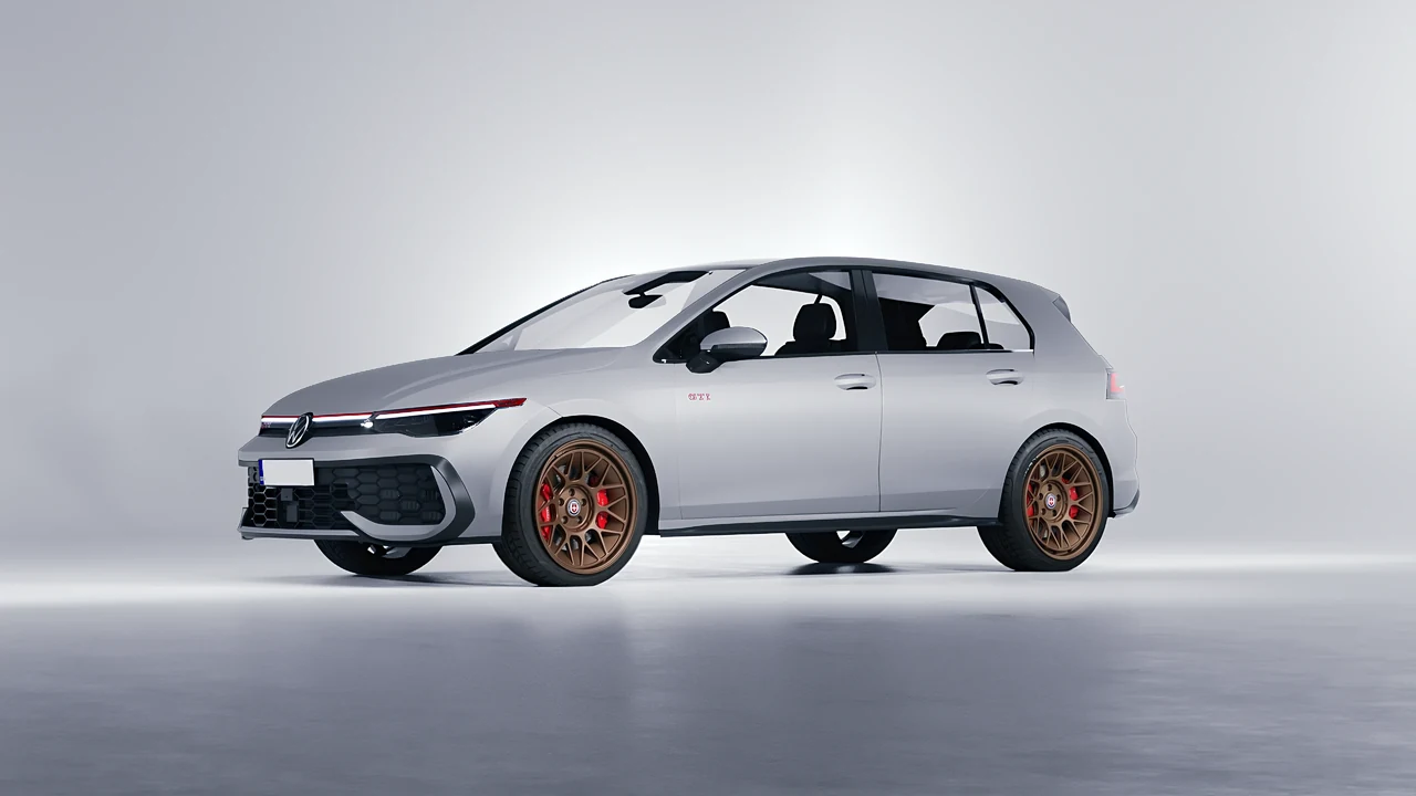 Volkswagen Golf GTI 2024 on HRE Performance Wheels 500-GTM forged wheels, front three-quarter view