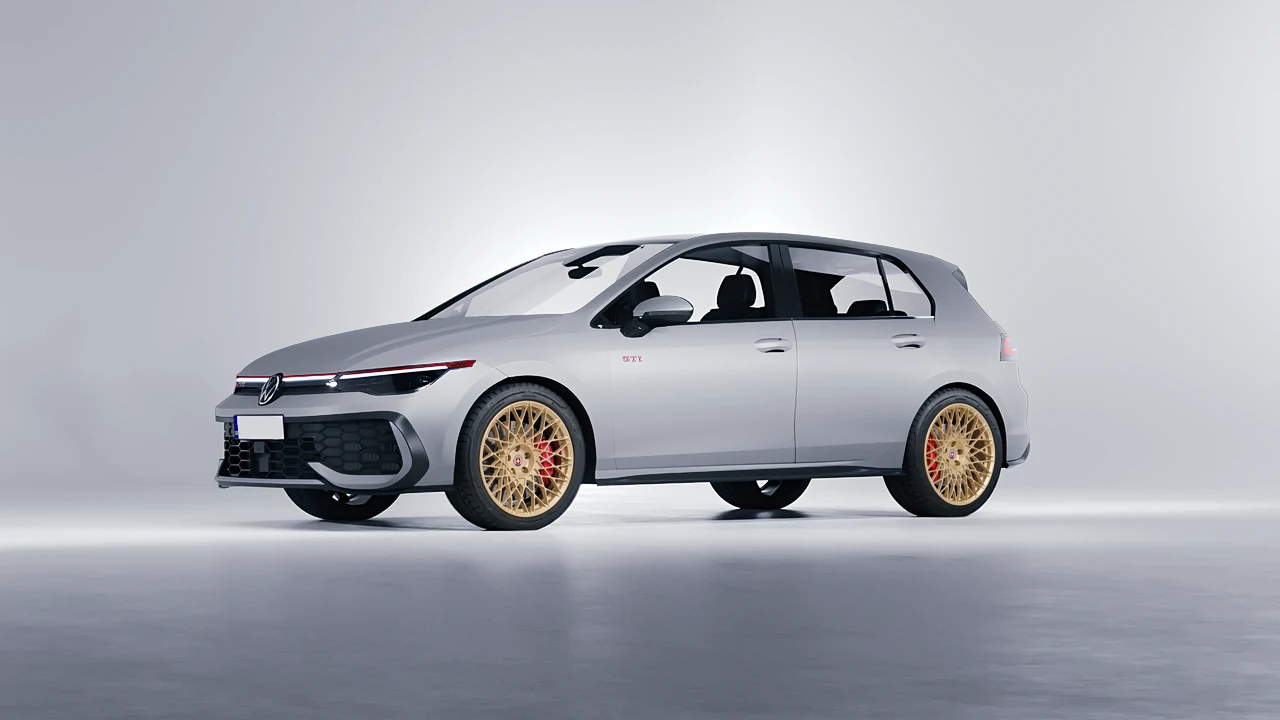 Volkswagen Golf GTI 2024 on HRE Performance Wheels 501M forged wheels, front three-quarter view