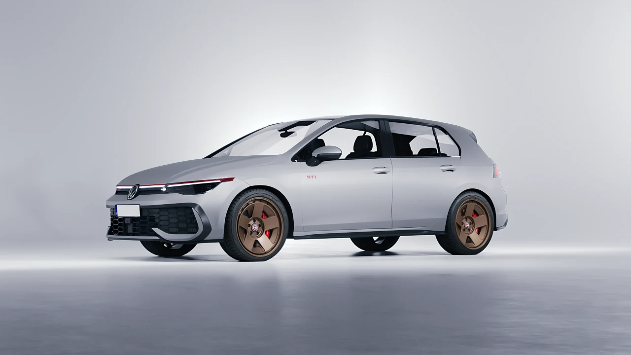 Volkswagen Golf GTI 2024 on HRE Performance Wheels 555-GTM forged wheels, front three-quarter view