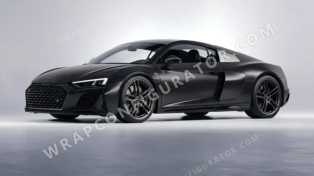 Black Audi R8 2022 wrapped in KPMF Black Fibre Vehicle Wrapping System K87021