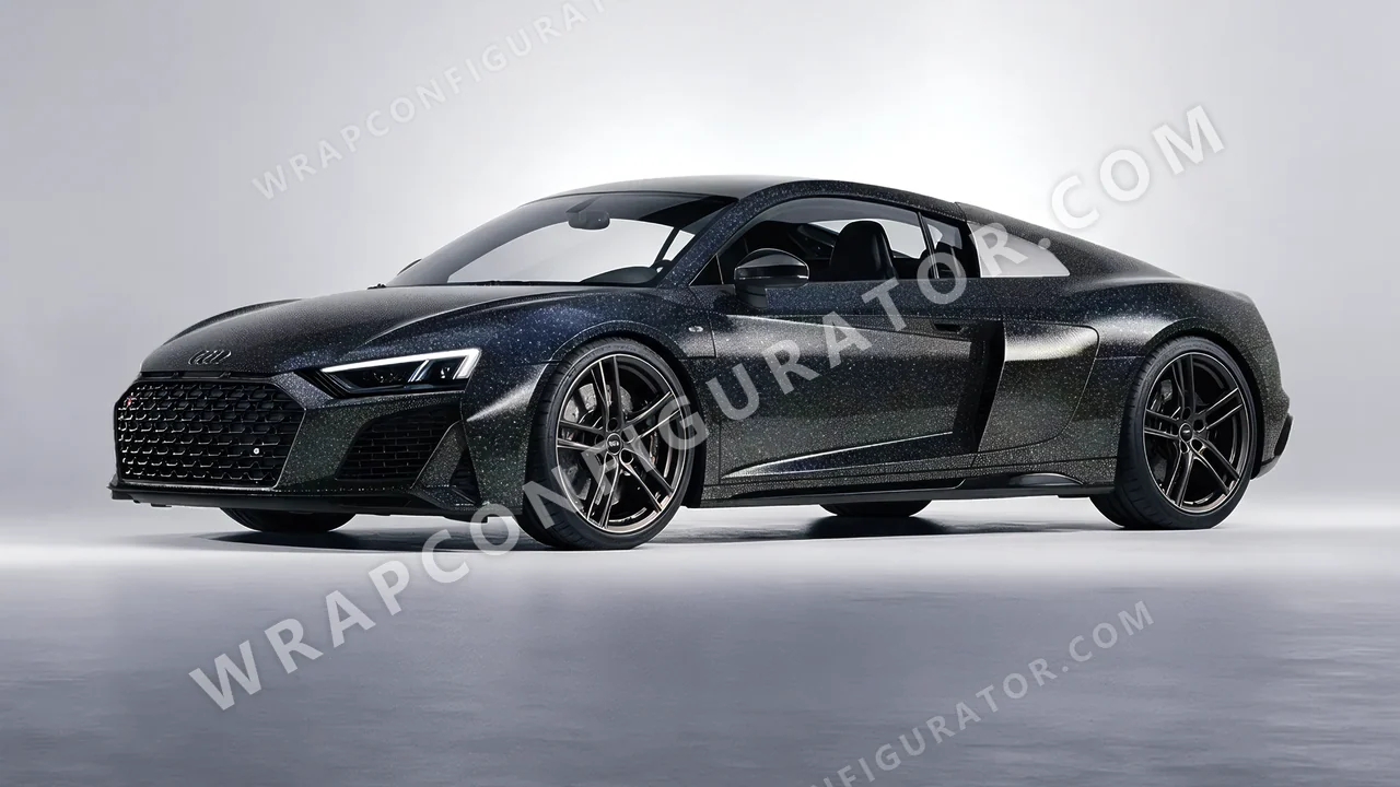 Black Audi R8 2022 wrapped in ORACAL Gloss Black Galactic Gold 970RA-905G