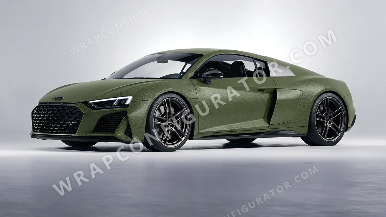 Green Audi R8 2022 wrapped in Avery Dennison Rugged Combat Green SW900-718-X
