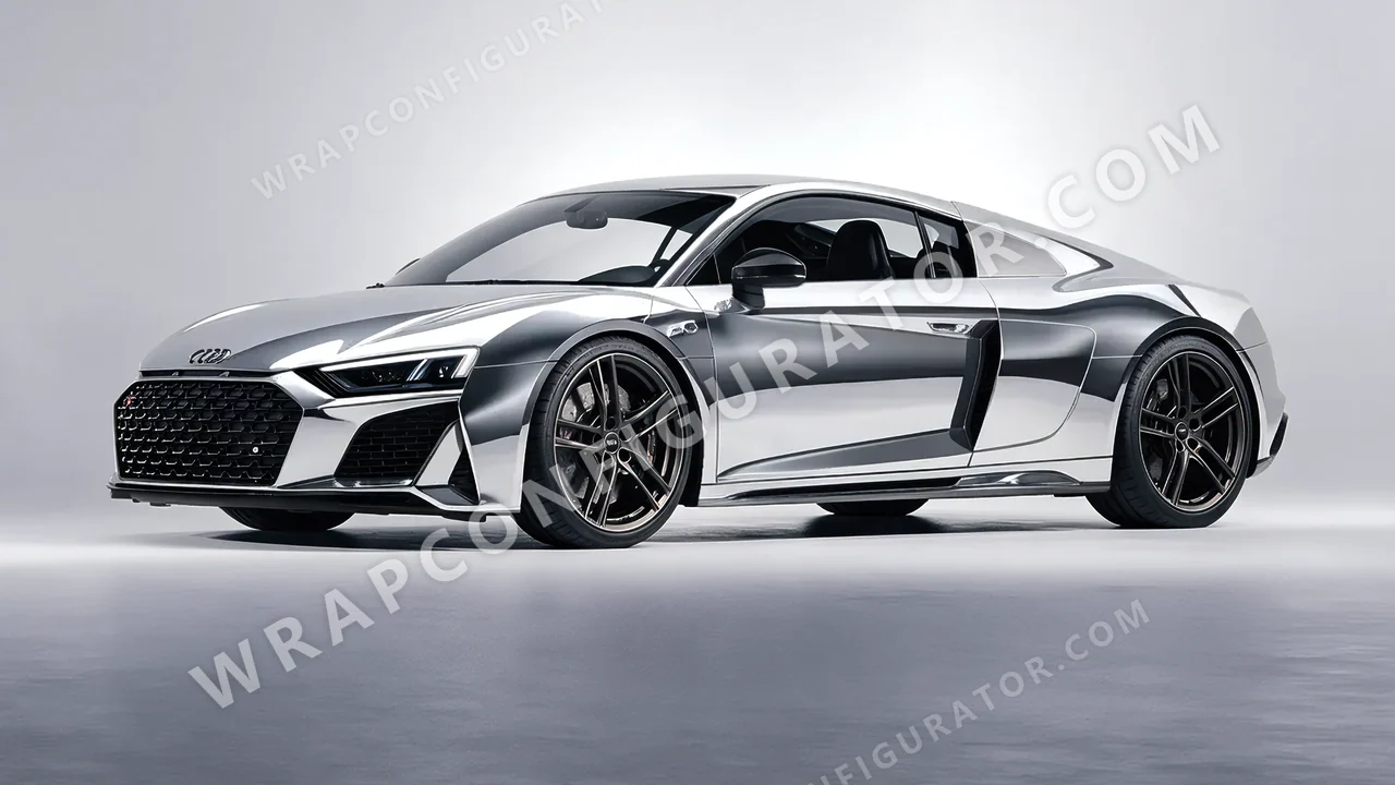 Grey Audi R8 2022 wrapped in 3M Gloss Silver Chrome GC451