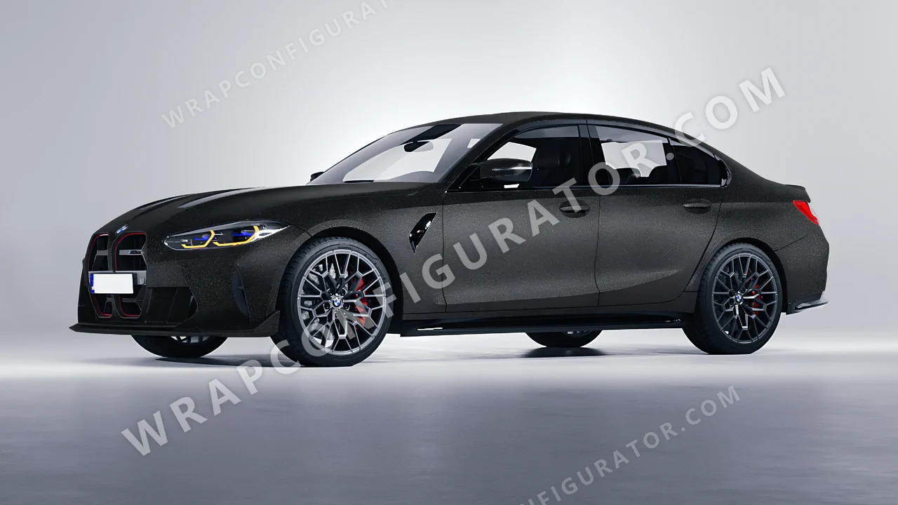 Black BMW M3 CS 2023 wrapped in ORACAL Matt Black Galactic Gold 970RA-905M