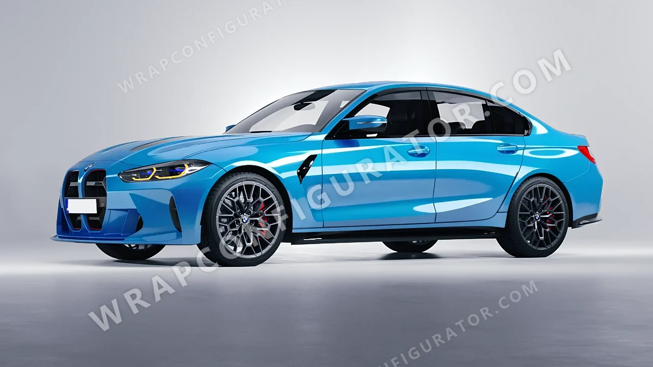 Blue BMW M3 CS 2023 wrapped in 3M Gloss Sky Blue G77