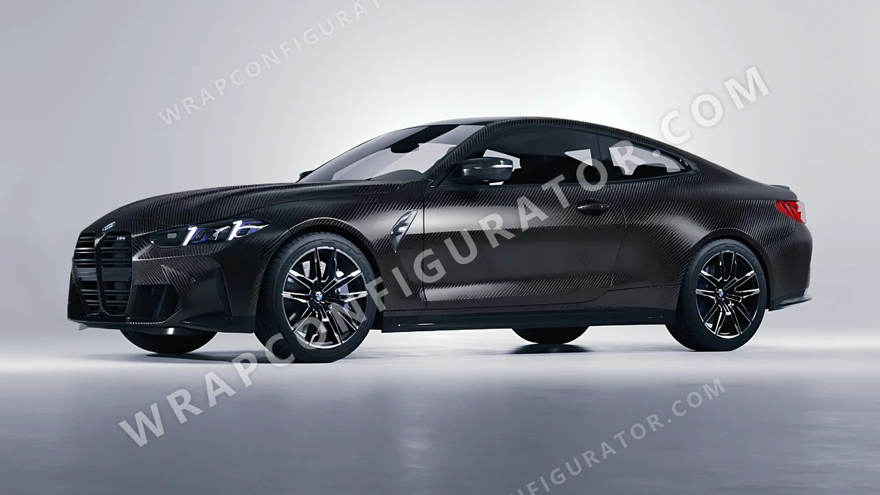 Black BMW M4 Coupe 2024 wrapped in Avery Dennison Carbon Fiber Black SW900-194-X