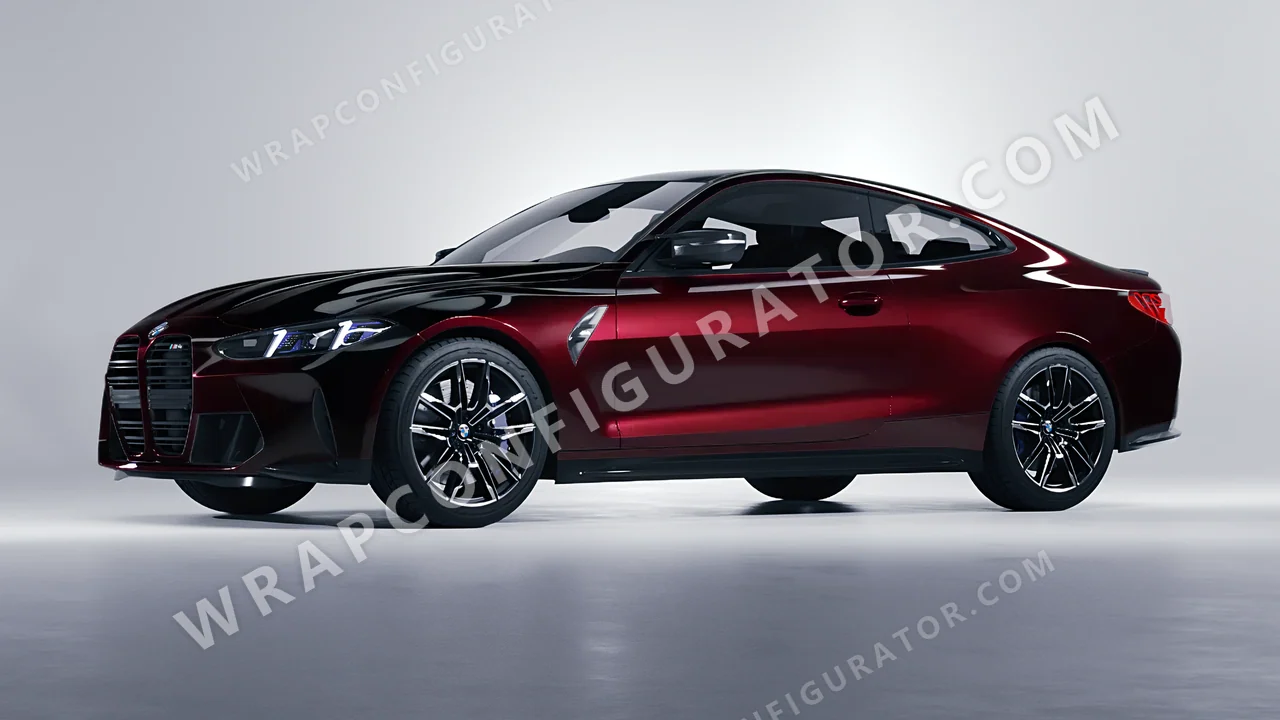 Black BMW M4 Coupe 2024 wrapped in KPMF Midnight Crimson Bloom K75447