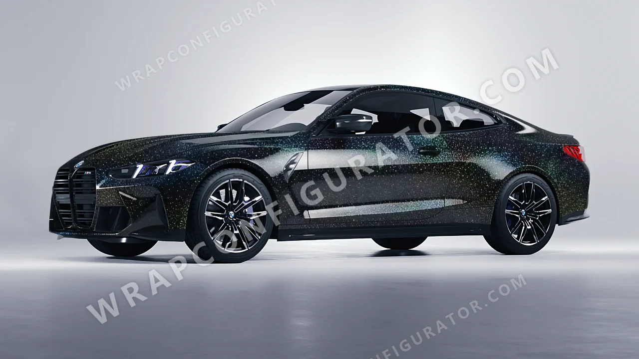Black BMW M4 Coupe 2024 wrapped in ORACAL Gloss Black Galactic Gold 970RA-905G