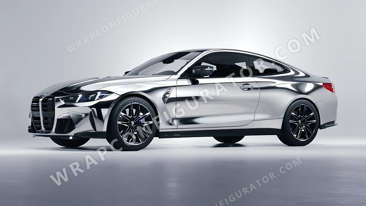 Grey BMW M4 Coupe 2024 wrapped in 3M Gloss Silver Chrome GC451