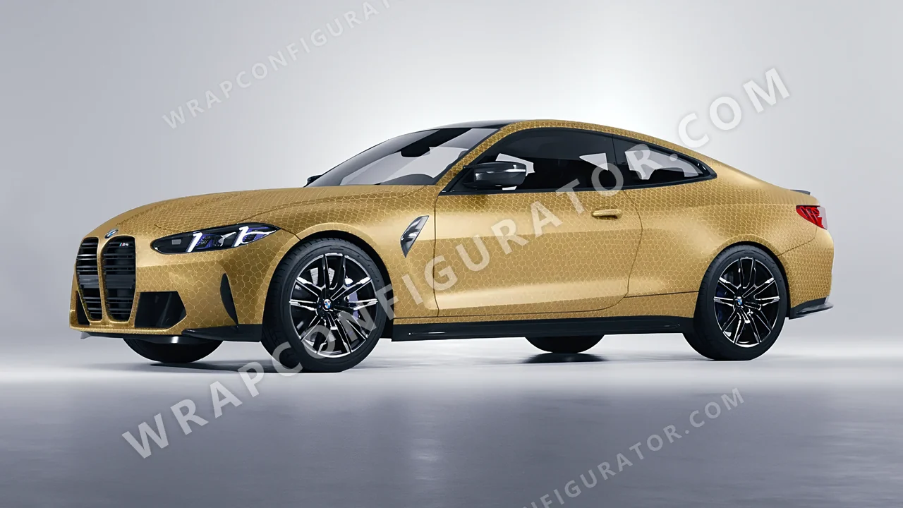 Yellow BMW M4 Coupe 2024 wrapped in ORACAL Gold Honeycomb 975-091HC