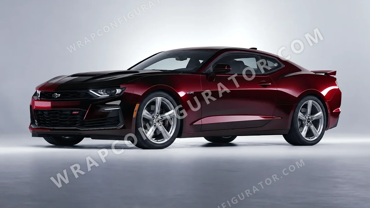 Black Chevrolet Camaro SS 2020 wrapped in KPMF Midnight Crimson Bloom K75447