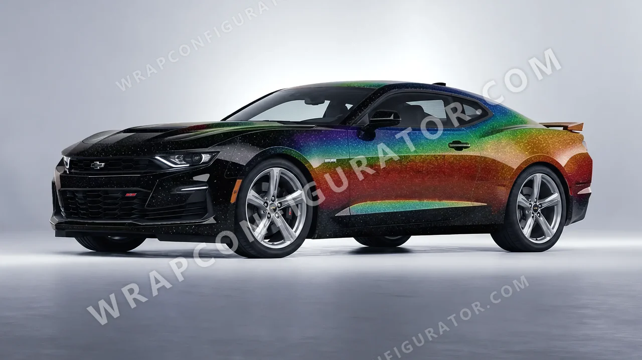 Black Chevrolet Camaro SS 2020 wrapped in KPMF Morpheus Black Starlight K75470