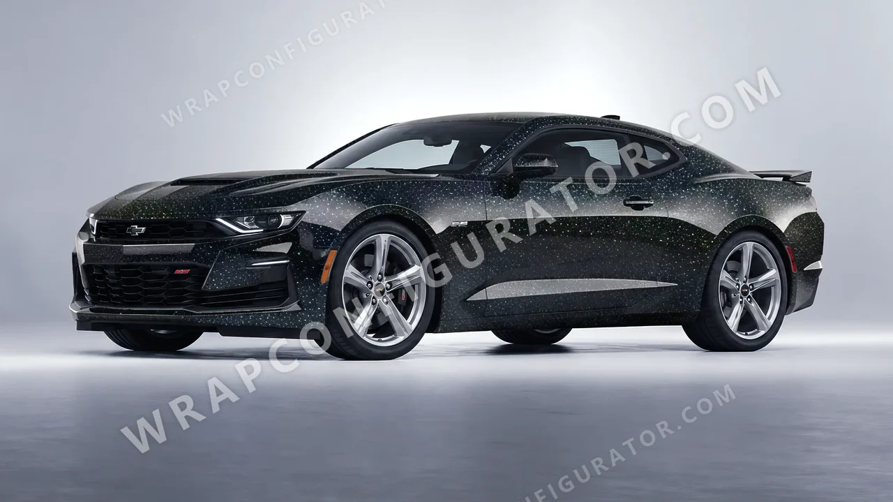 Black Chevrolet Camaro SS 2020 wrapped in ORACAL Gloss Black Galactic Gold 970RA-905G
