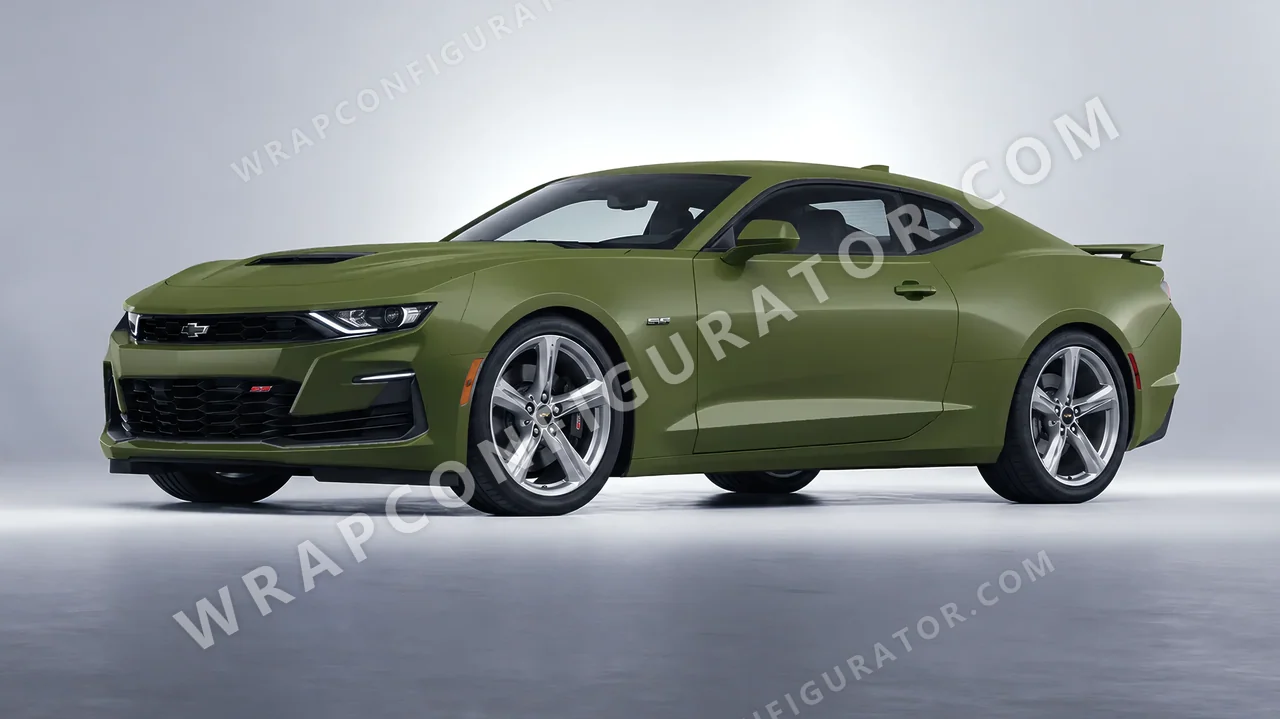 Green Chevrolet Camaro SS 2020 wrapped in 3M Matte Military Green M26