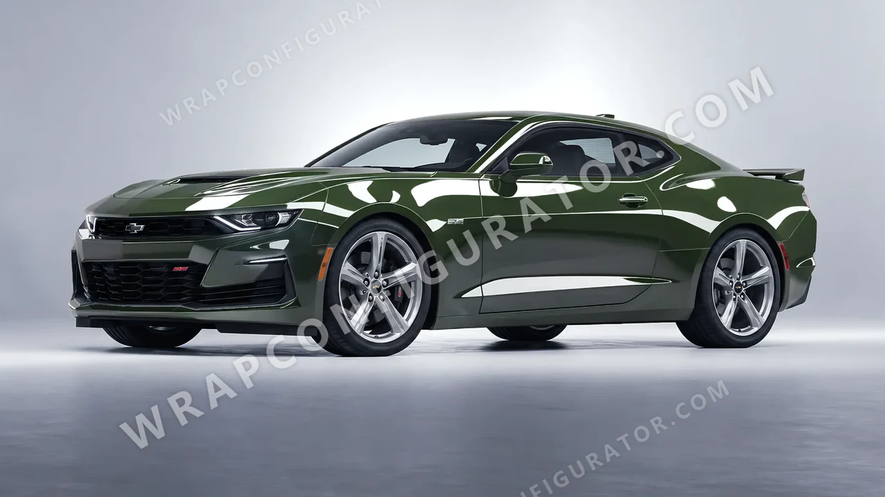 Green Chevrolet Camaro SS 2020 wrapped in Inozetek Dynamic PPF Student Driver Olive SD103