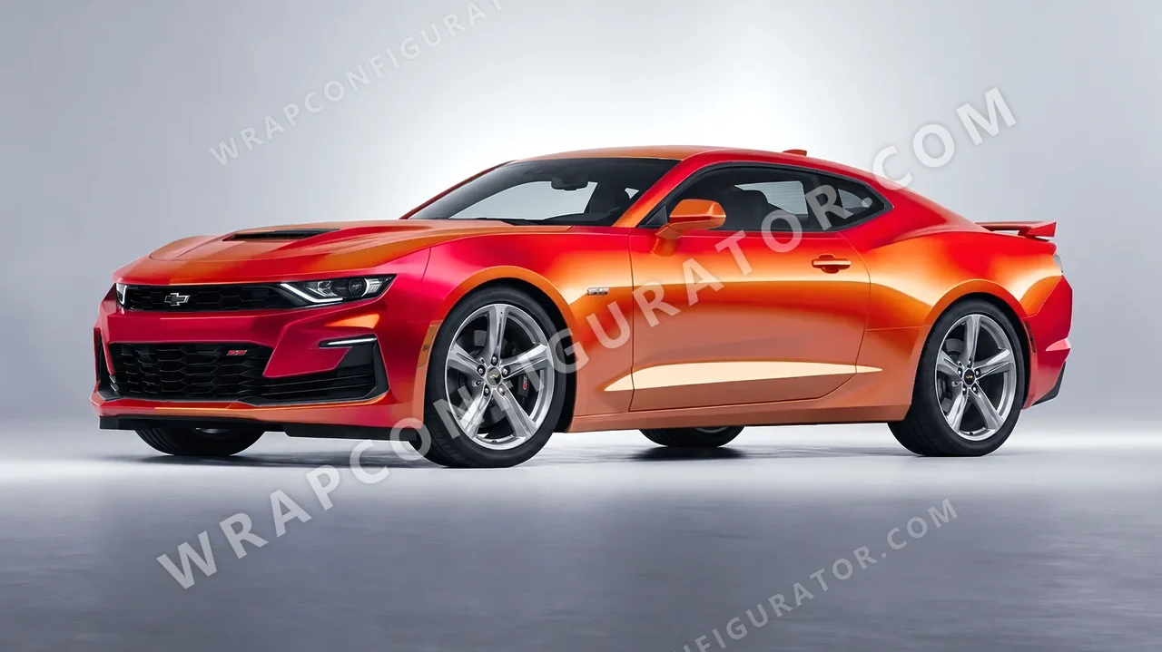 Orange Chevrolet Camaro SS 2020 wrapped in ORACAL Gloss Sunset Shift 970RA-100G